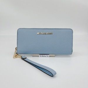 Michael Kors Pale Blue Jet Set Travel Continental Clutch Strap Wallet Large NWT